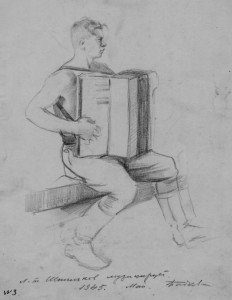 Babkov, Lieutenant Shpilkov plays accordion, 1945